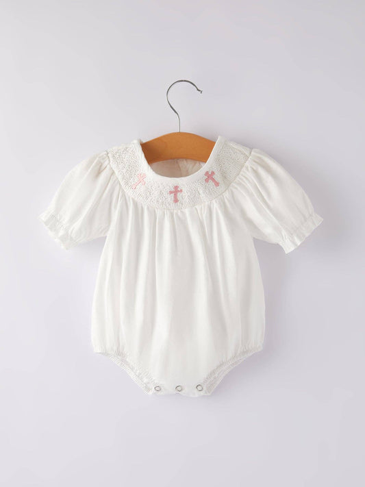 White  Smocked Church Christ Bishop Christening Girls Romper: 12M - Persnickety Shop