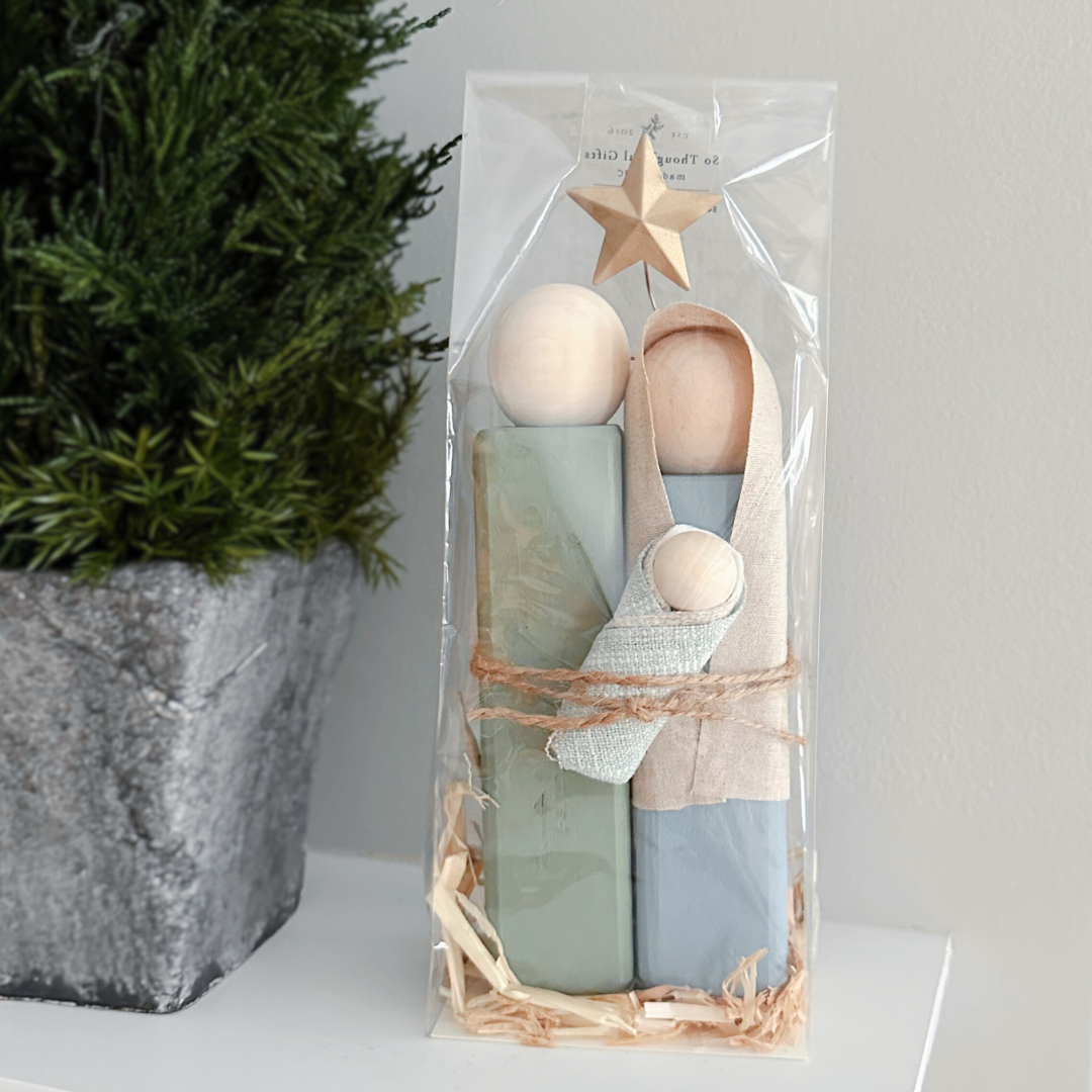 Simple Wooden Nativity Set | Hand-painted | Gift Wrapped: Gray & White - Persnickety Shop