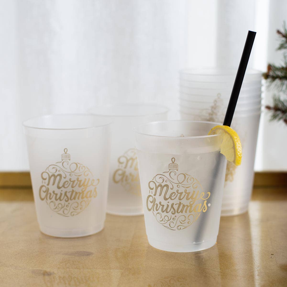 Merry Christmas Ornament Script Party Cups   Frosted/Gold   16oz   Set of 10 - Persnickety Shop