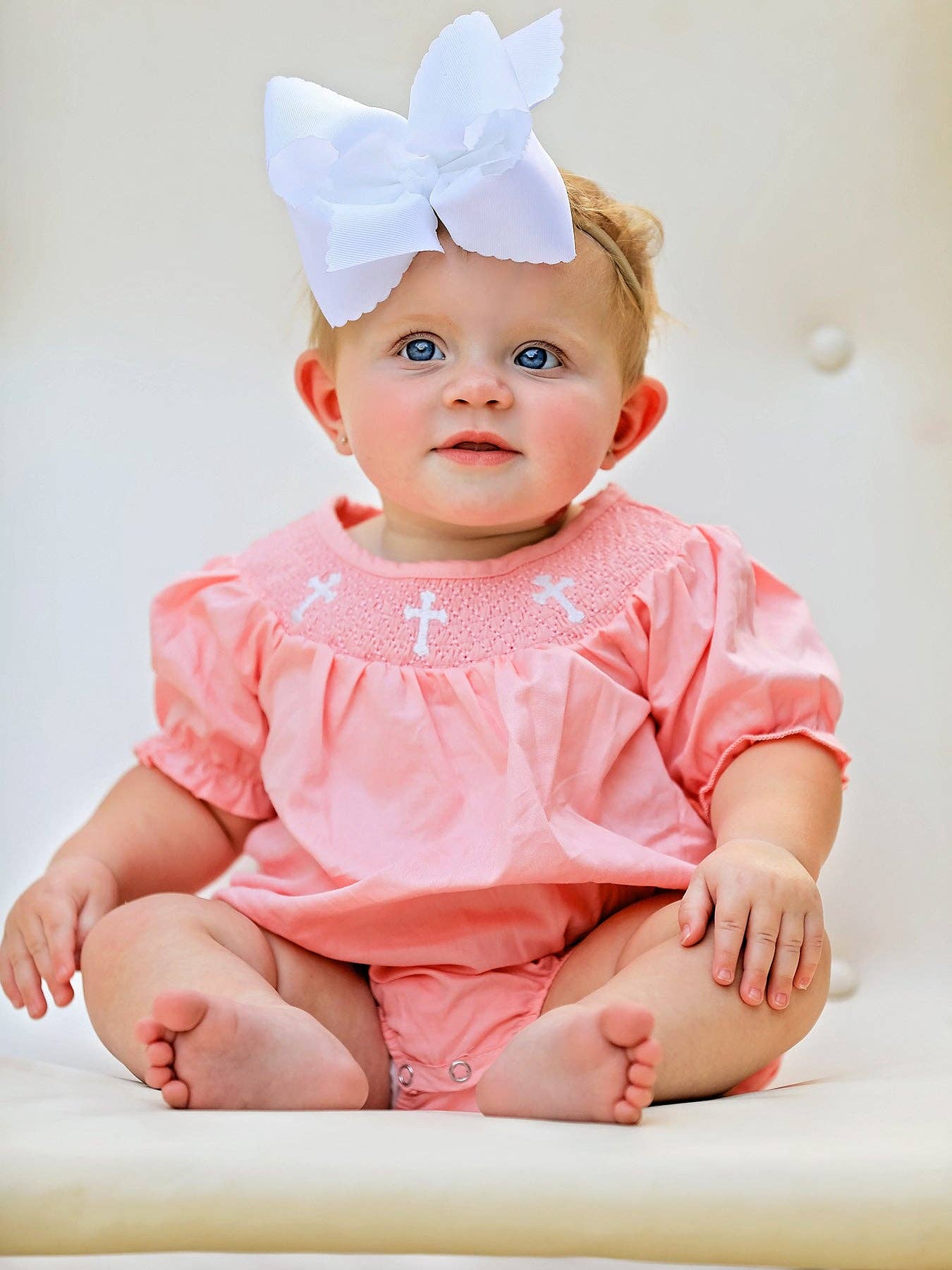 CORAL Smocked Church Christ Bishop Christening Girls Romper: 3M - Persnickety Shop