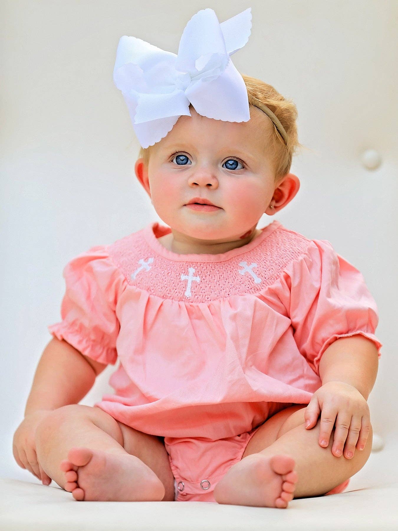 CORAL Smocked Church Christ Bishop Christening Girls Romper: 3M - Persnickety Shop