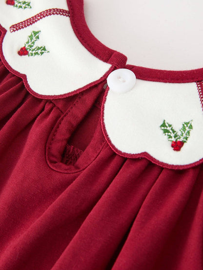 Christmas Holly Embroidered Baby Romper Petals Collar Ruffle: 3M