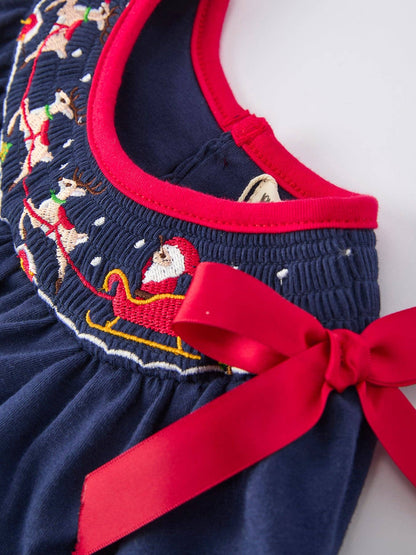 Christmas Holiday Celebration Baby Girls Romper: Navy with Santa Sleigh: 12M - Persnickety Shop