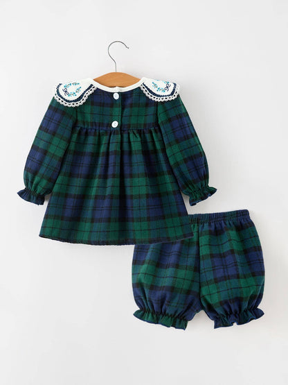 Christmas Girls Green & Navy Plaid Embroidered Bloomer Set: 6M