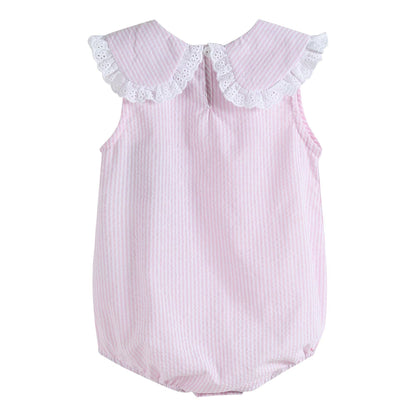 Classic Light Pink Seersucker Collared Baby Bubble Romper