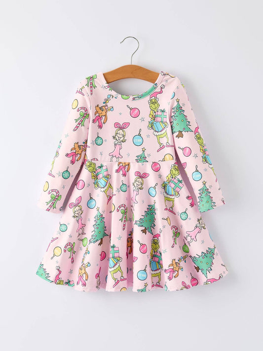 Pink Christmas Character Print Long Sleeve Girls Dress: 6 - Persnickety Shop