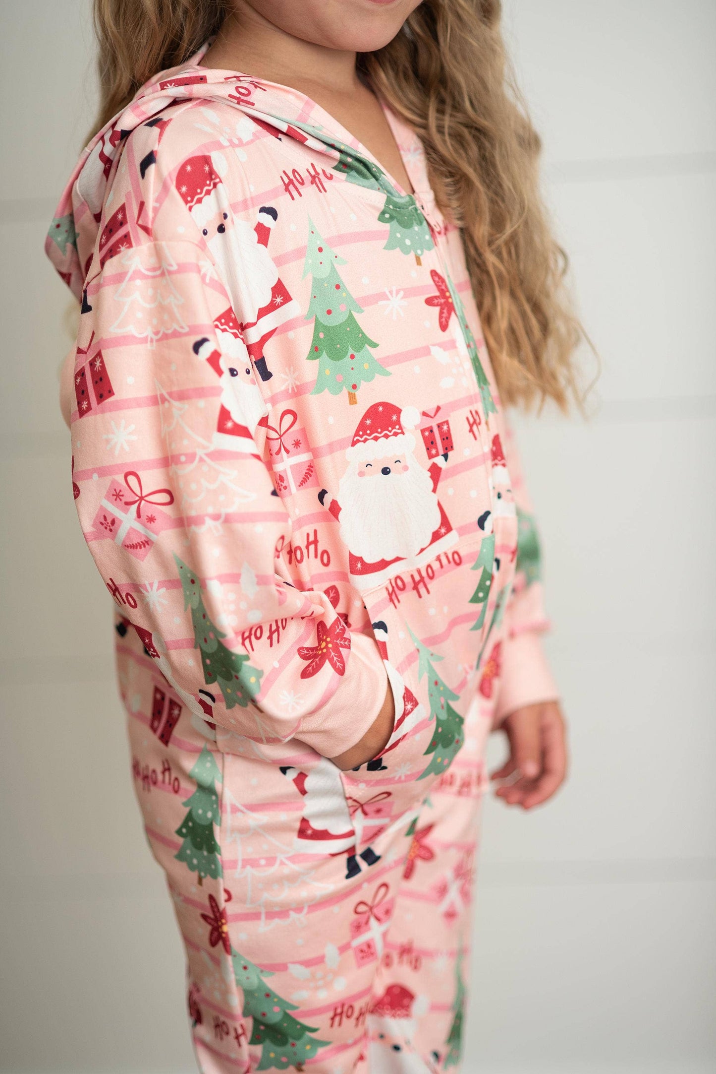 Kids Pink Santa Lounge Zip Hoodie Onesie with Critter Ears: 5/6 - Persnickety Shop