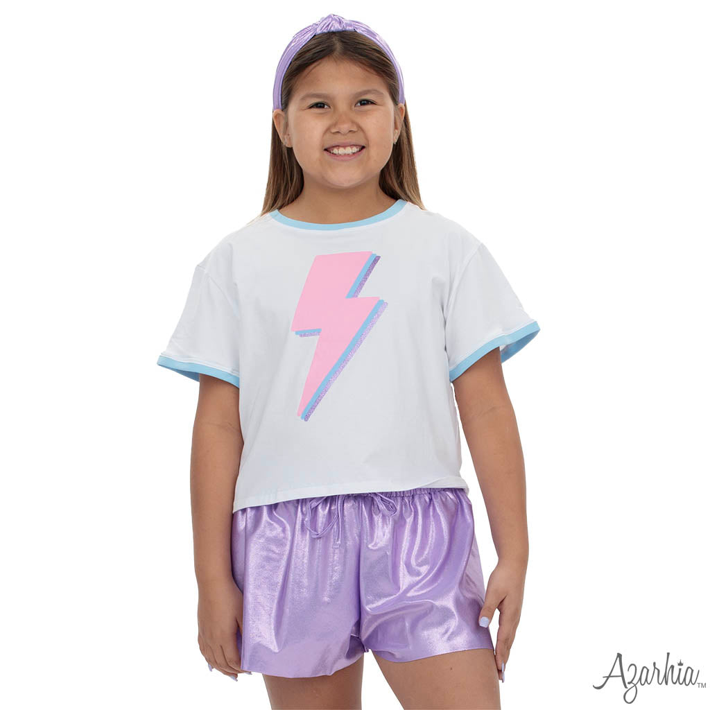 Azarhia Pink Lightning Bolt Light Blue Ringer Tee