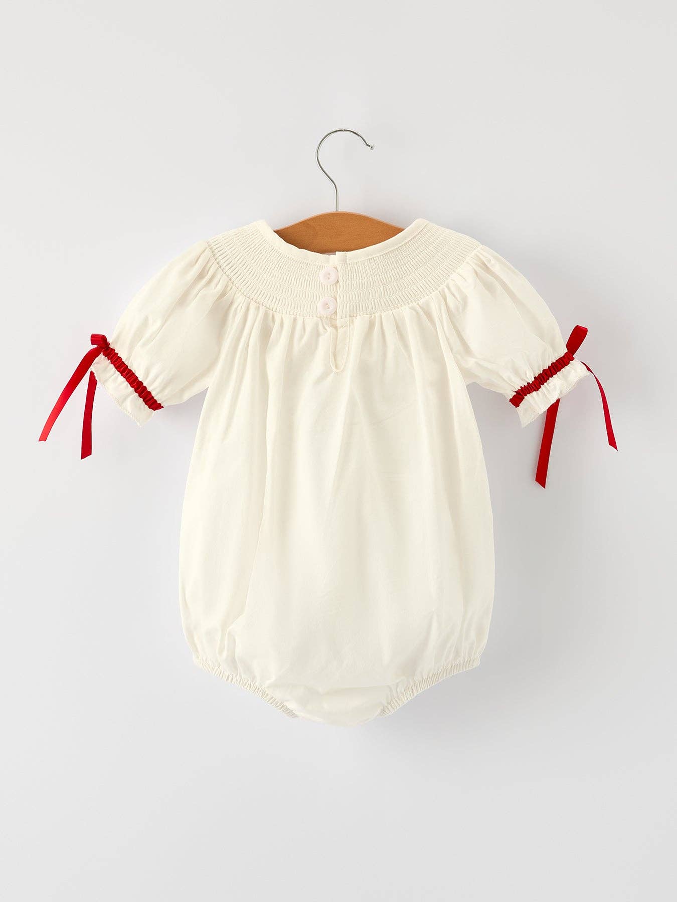 Christmas Girl's Romper : Delicate Embroidery with Red Bow Details: 12M - Persnickety Shop