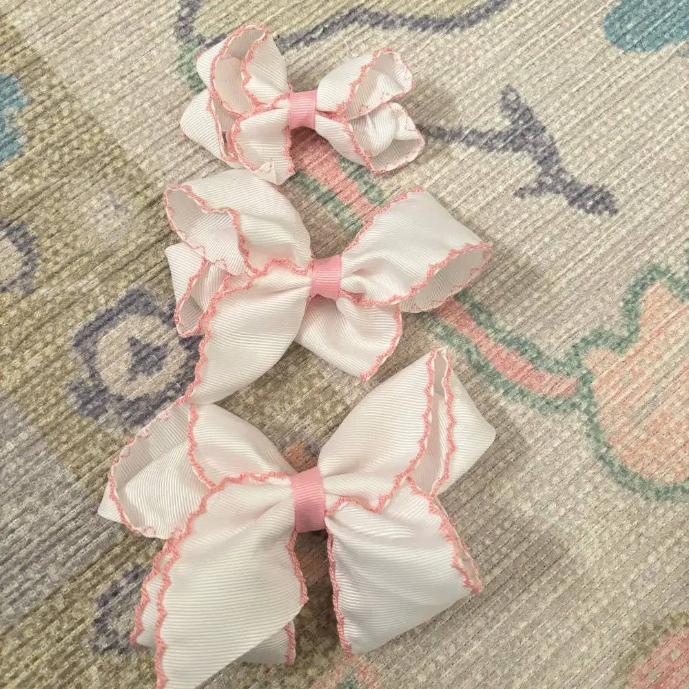 Classic Grosgrain Moonstitch Hair Bow - Medium: White w/ Orange - Persnickety Shop