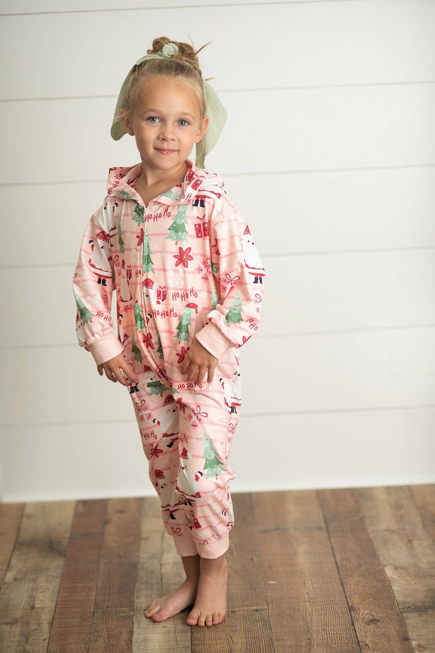 Kids Pink Santa Lounge Zip Hoodie Onesie with Critter Ears: 5/6 - Persnickety Shop