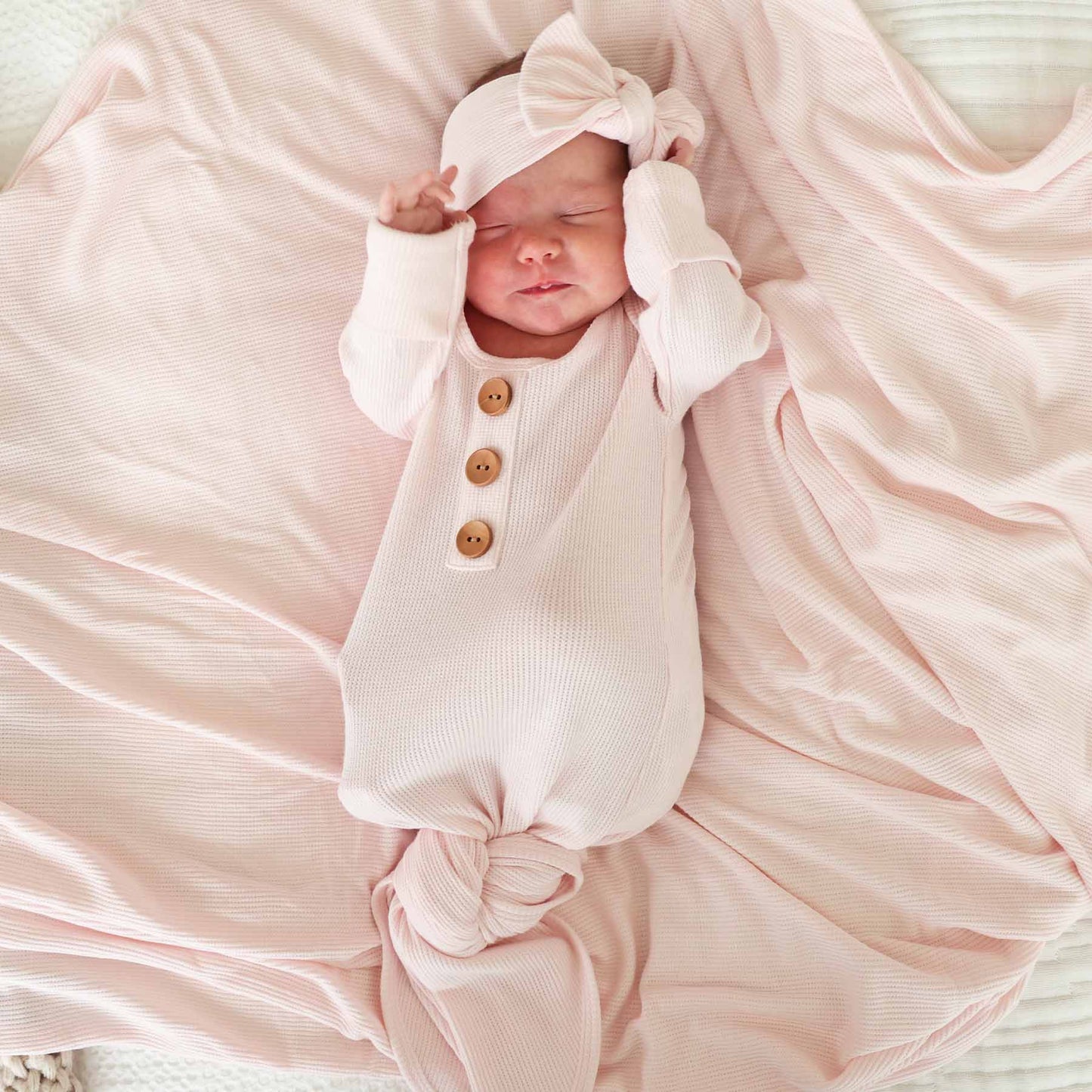 Pearl Pink Bamboo Waffle Newborn Baby Knot Gown & Hat Set - Persnickety Shop