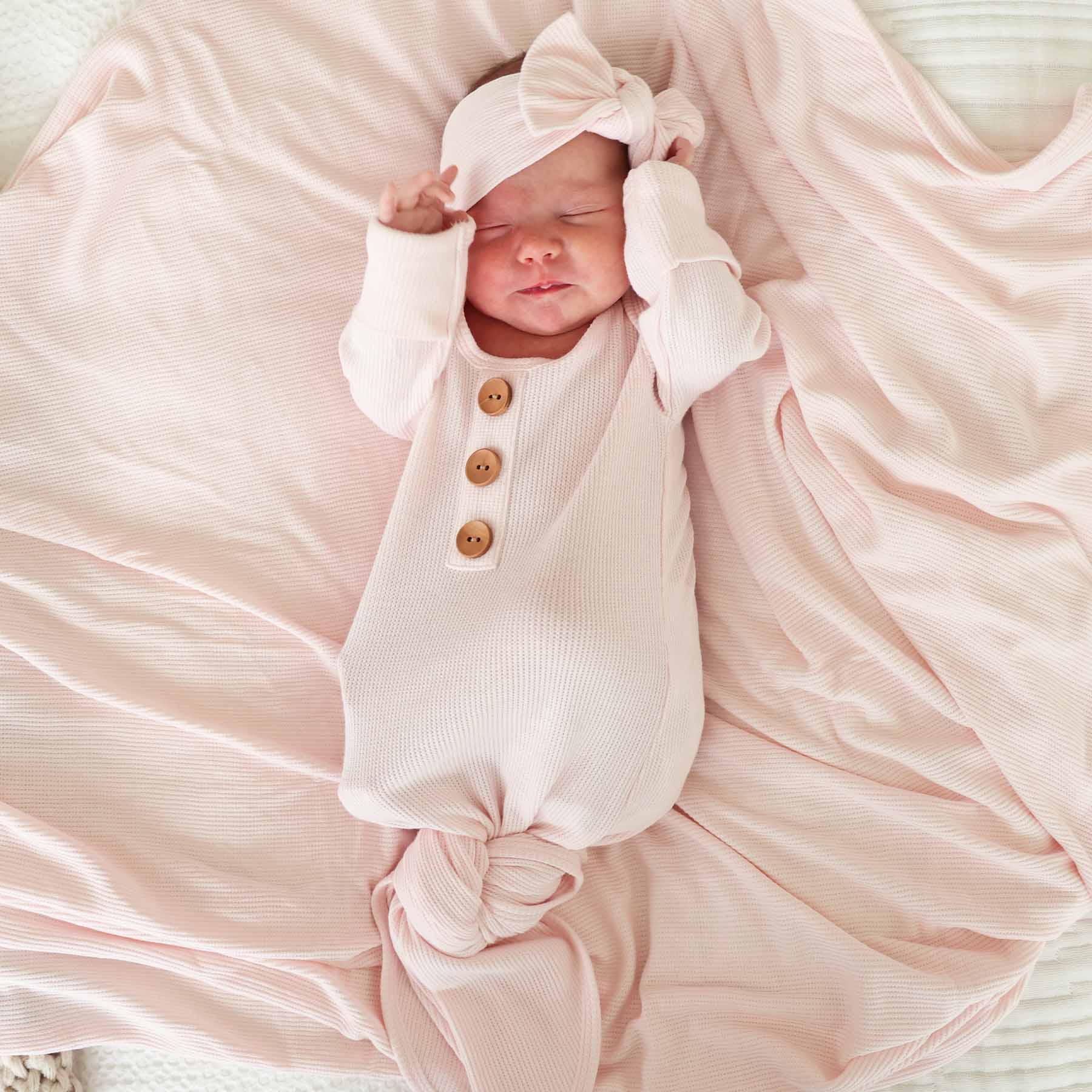Pearl Pink Bamboo Waffle Newborn Baby Knot Gown & Hat Set - Persnickety Shop