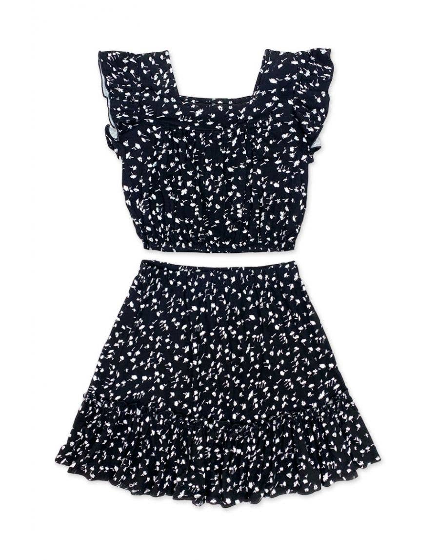 GKSS-3165B-Q48 Girl's 2 pc Skirt Set w/ Ruffle Sleeve Top: Black White Daisy / M8/10 - Persnickety Shop