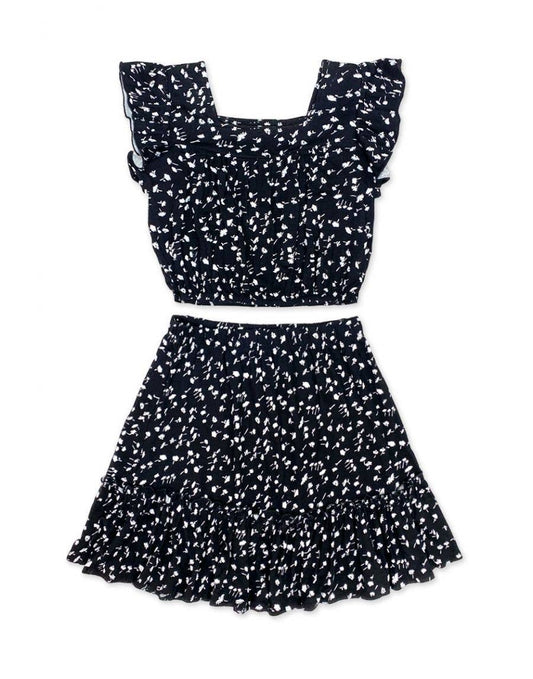 GKSS-3165B-Q48 Girl's 2 pc Skirt Set w/ Ruffle Sleeve Top: Black White Daisy / M8/10 - Persnickety Shop