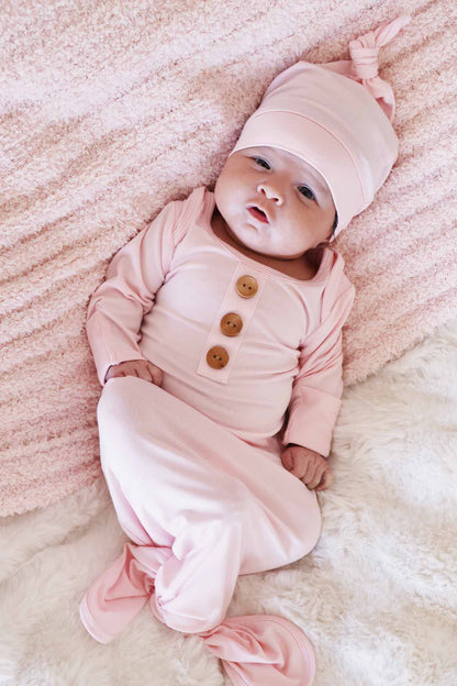 Baby Pink Newborn Baby Knot Gown & Hat Set - Persnickety Shop