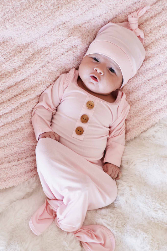 Baby Pink Newborn Baby Knot Gown & Hat Set - Persnickety Shop