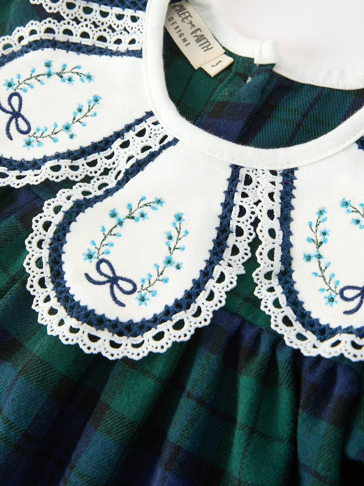 Christmas Girls Green & Navy Plaid Embroidered Collar Dress: 4