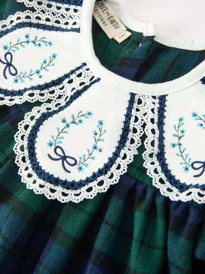 Christmas Girls Green & Navy Plaid Embroidered Collar Dress: 4