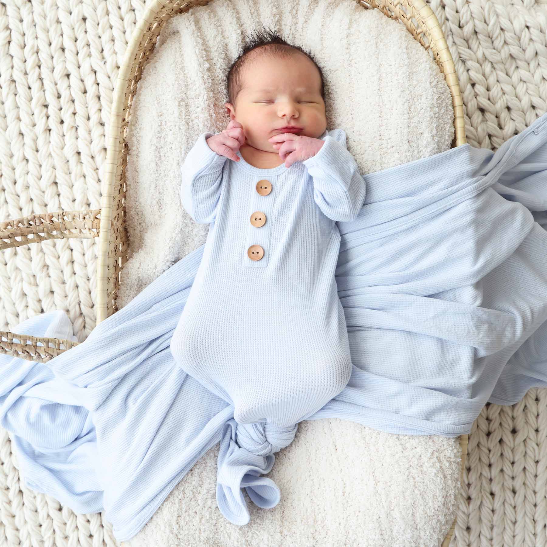 Ice Blue Bamboo Waffle Newborn Baby Knot Gown & Hat Set - Persnickety Shop