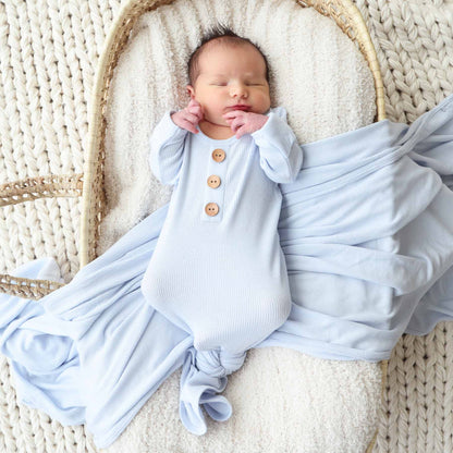 Ice Blue Bamboo Waffle Newborn Baby Knot Gown & Hat Set - Persnickety Shop