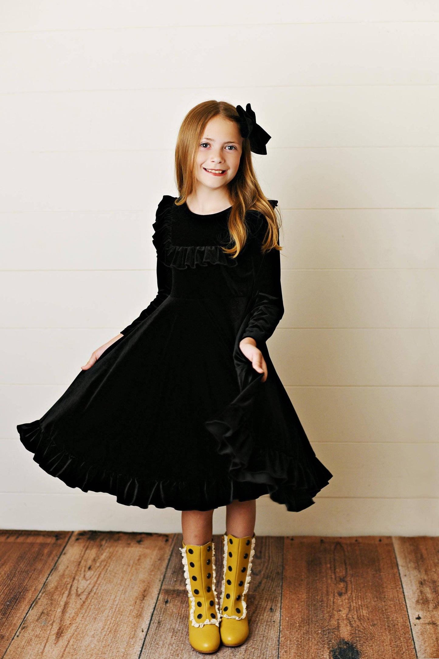 Kids Black Velvet Ruffle Fancy Winter Christmas Party Dress: 7/8 - Persnickety Shop