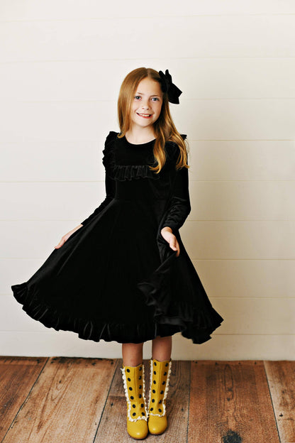 Kids Black Velvet Ruffle Fancy Winter Christmas Party Dress: 7/8 - Persnickety Shop