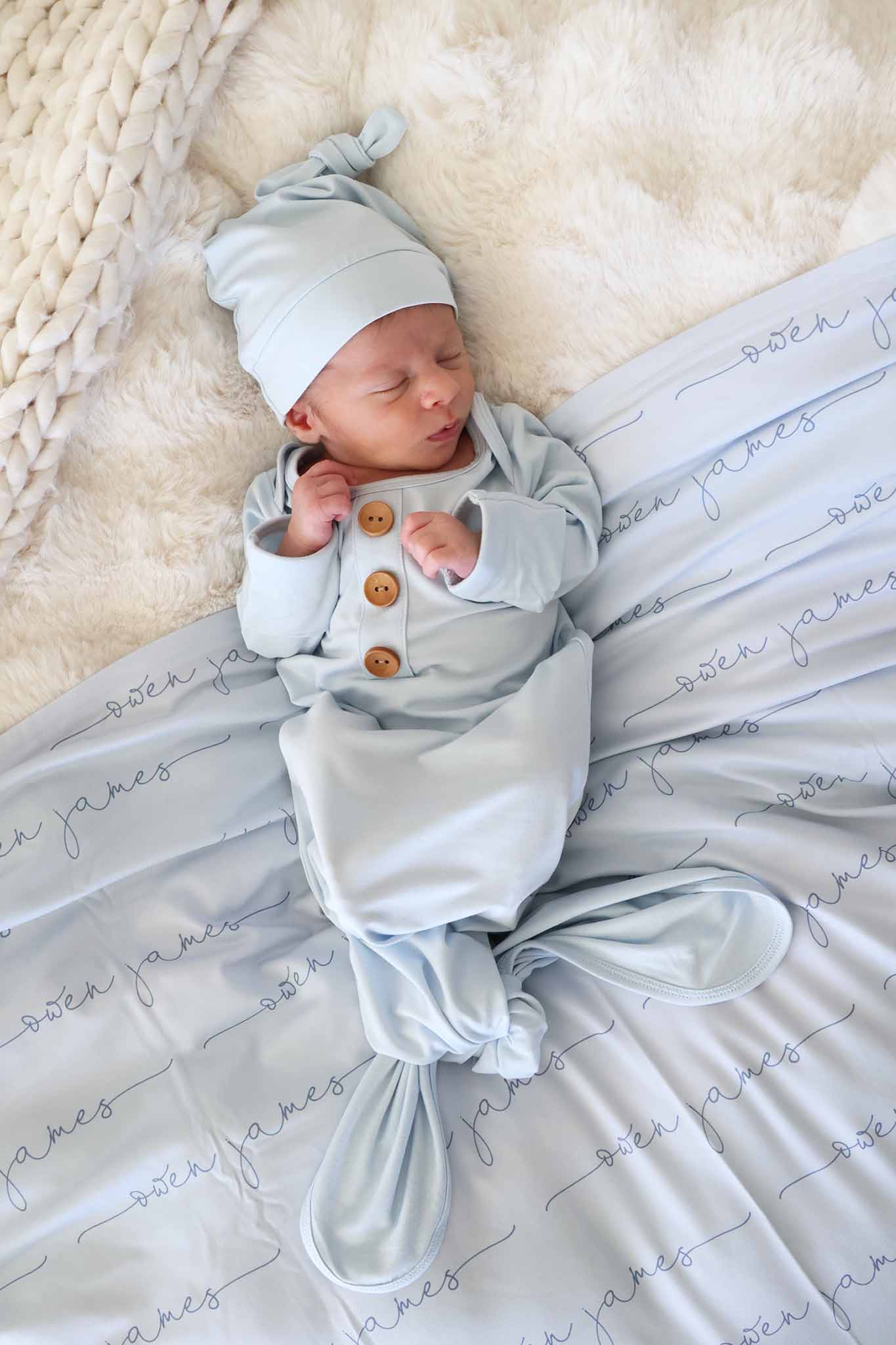 Baby Blue Newborn Baby Knot Gown & Hat Set - Persnickety Shop