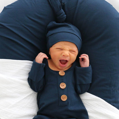 Solid Dark Navy Bamboo Baby Knot Gown & Hat: Newborn / 7-14lbs+ - Persnickety Shop