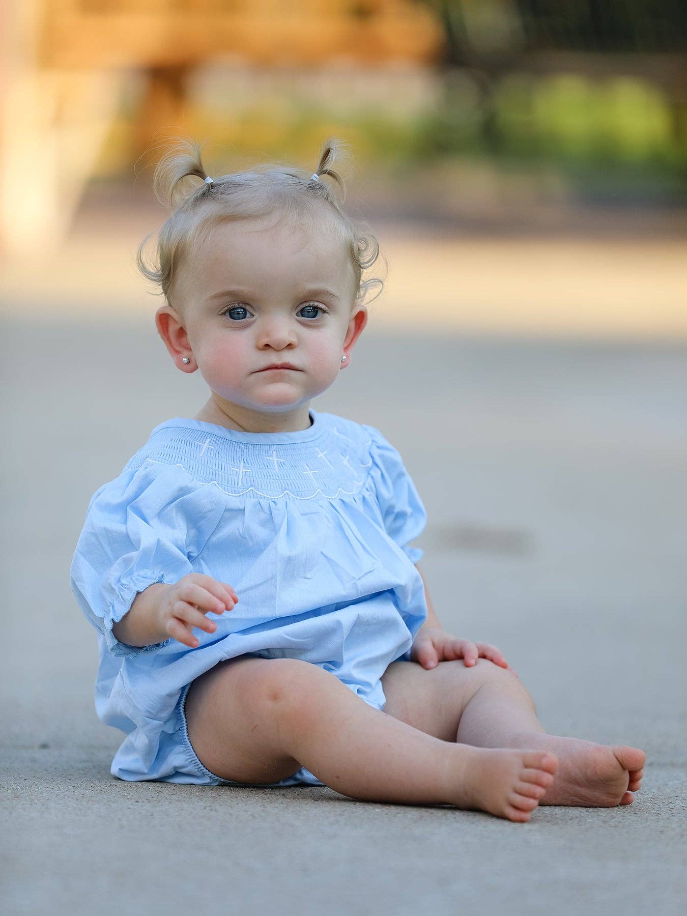 Girls Cross Smocking Embroidered Blue Romper: 3M - Persnickety Shop