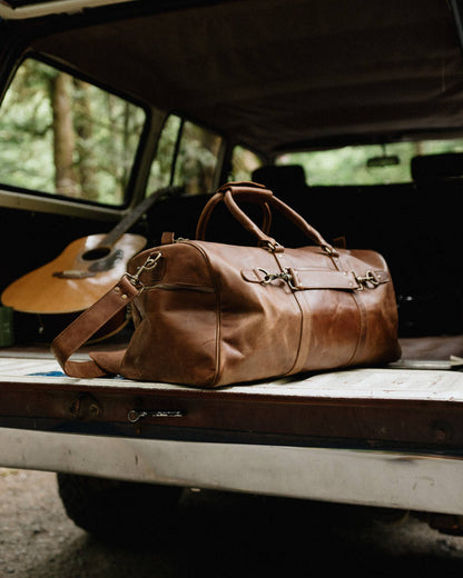 Buffalo Leather Duffle with Trolley Sleeve: Saddle Brown
