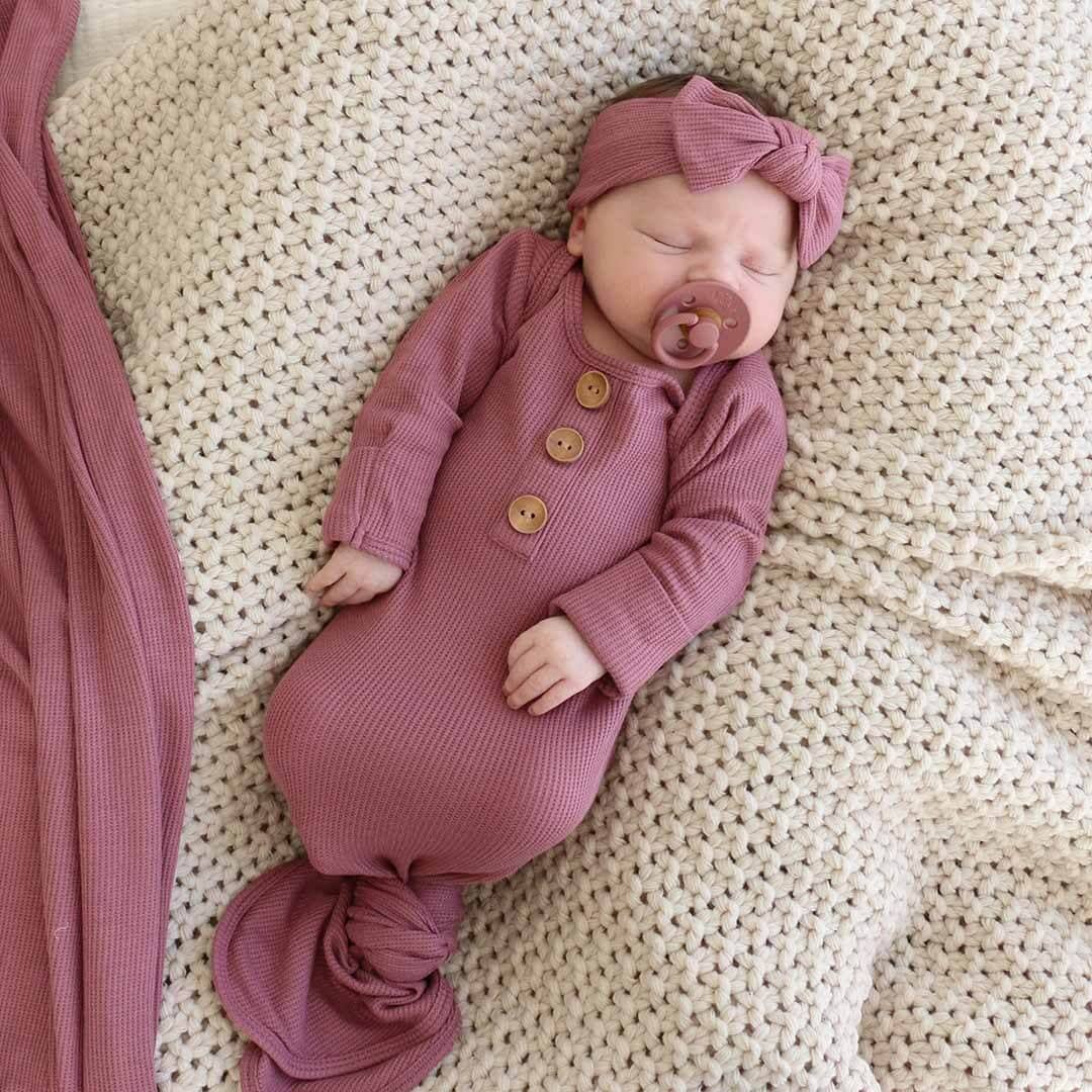 Boysenberry Bamboo Waffle Newborn Baby Knot Gown & Hat Set - Persnickety Shop