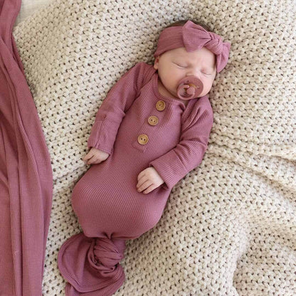 Boysenberry Bamboo Waffle Newborn Baby Knot Gown & Hat Set - Persnickety Shop