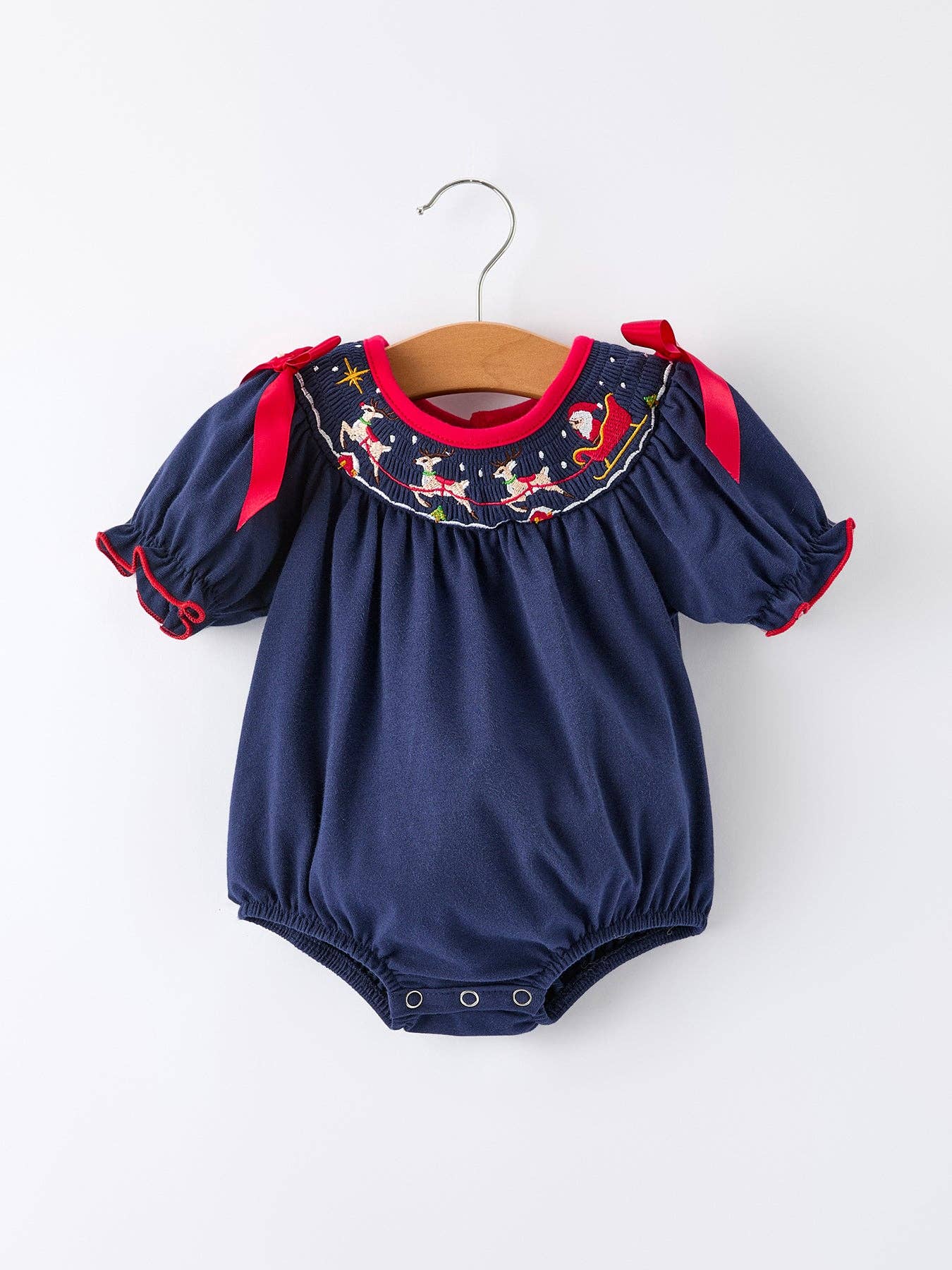 Christmas Holiday Celebration Baby Girls Romper: Navy with Santa Sleigh: 12M - Persnickety Shop