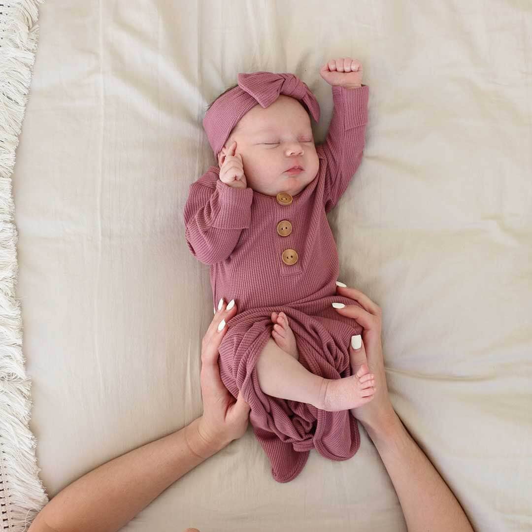 Boysenberry Bamboo Waffle Newborn Baby Knot Gown & Hat Set - Persnickety Shop