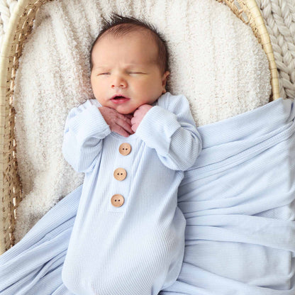 Ice Blue Bamboo Waffle Newborn Baby Knot Gown & Hat Set - Persnickety Shop