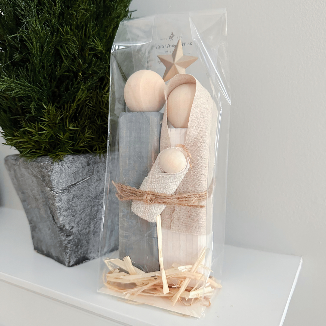 Simple Wooden Nativity Set | Hand-painted | Gift Wrapped: Gray & White - Persnickety Shop