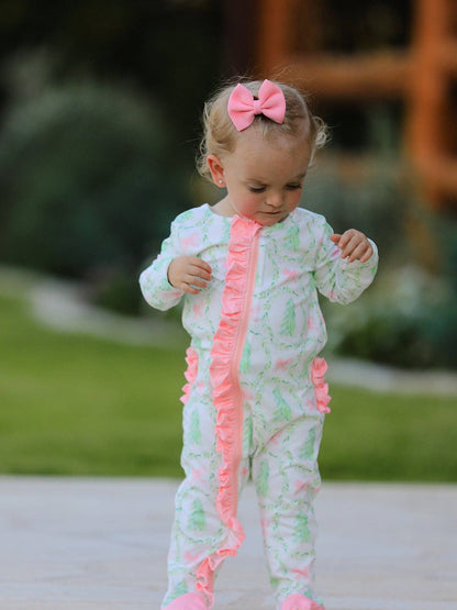 Christmas Tree Wreath Print Long Sleeve Zip Baby Girls Romper: 12M - Persnickety Shop