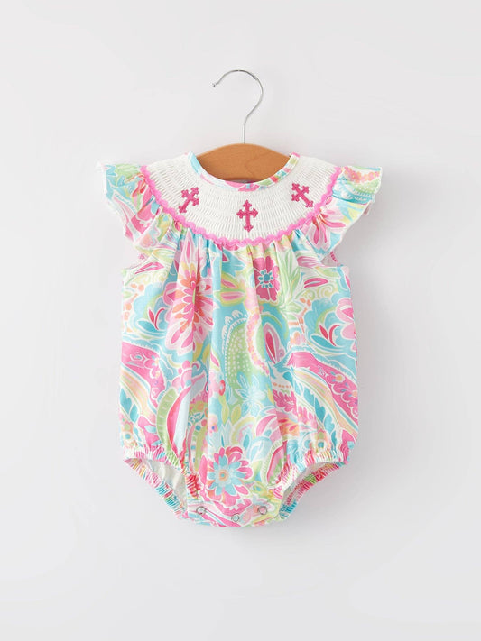 Easter Cross Smocking Embroidery Baby Girl Romper: 3M - Persnickety Shop