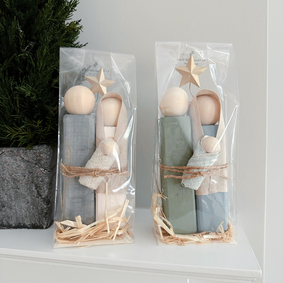 Simple Wooden Nativity Set | Hand-painted | Gift Wrapped: Gray & White - Persnickety Shop