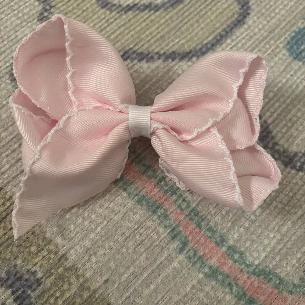 Classic Grosgrain Moonstitch Hair Bow - Medium: Lt Pink w/ White 4"