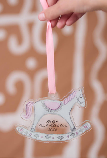 2025 Baby’s First Christmas Rocking Horse Ornament - Pink - Persnickety Shop