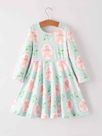 Christmas Gingerbread Man Print Plaid Girls Dress: 3 - Persnickety Shop