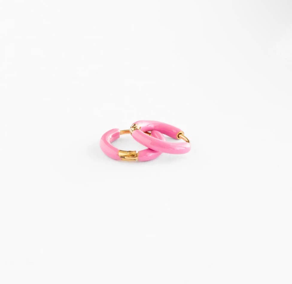 Enamel Hoop Earrings - Hypoallergenic, Flat Back, Girl Gift: Pink