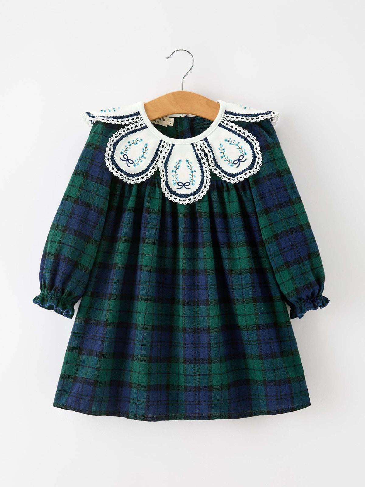 Christmas Girls Green & Navy Plaid Embroidered Collar Dress: 4