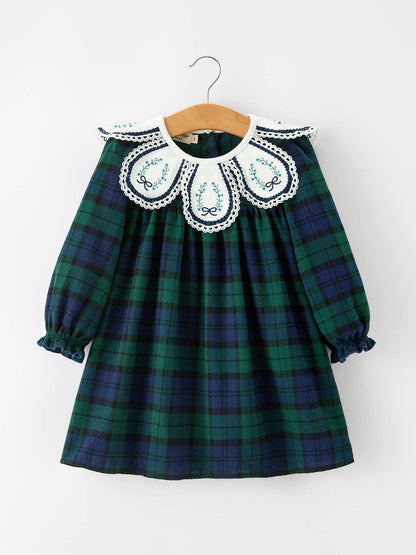 Christmas Girls Green & Navy Plaid Embroidered Collar Dress: 4