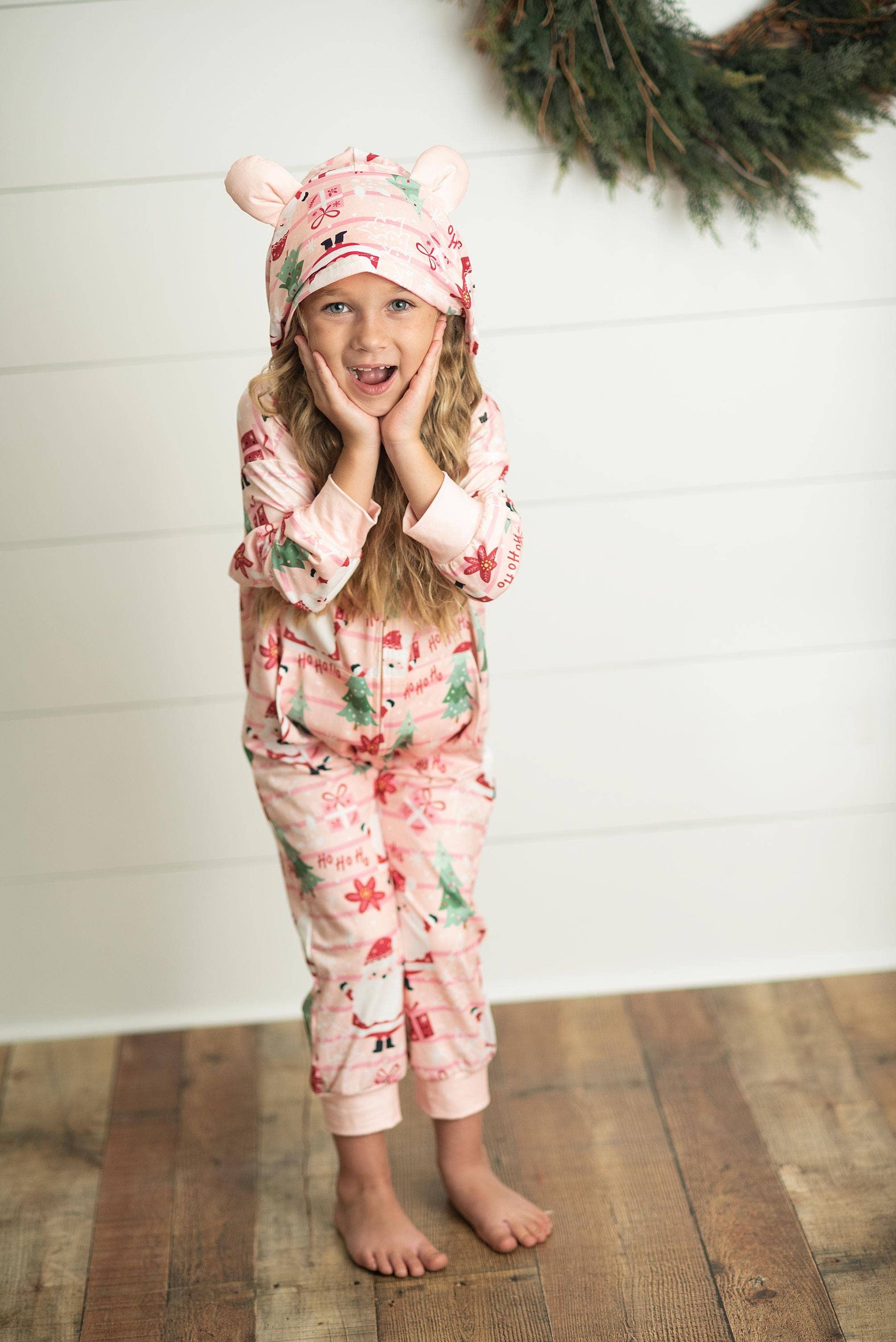 Kids Pink Santa Lounge Zip Hoodie Onesie with Critter Ears: 5/6 - Persnickety Shop