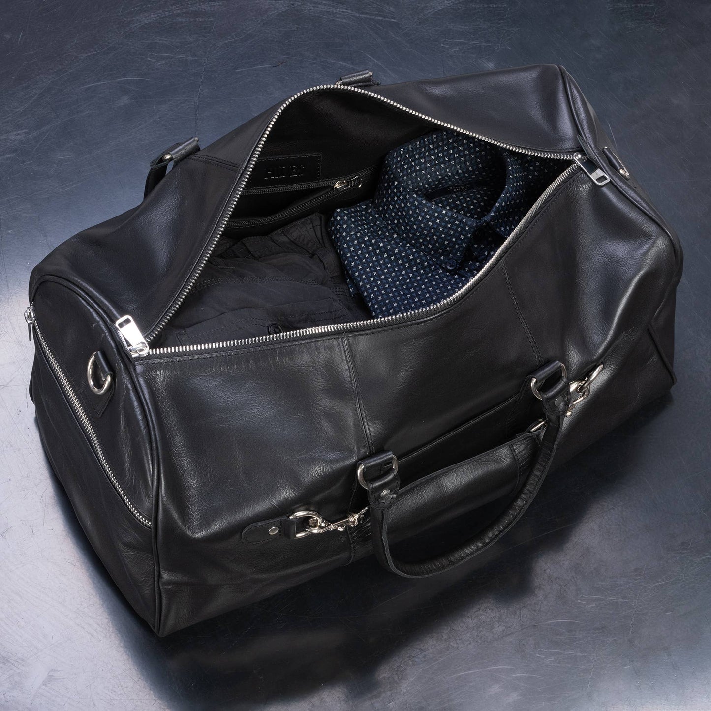 Buffalo Leather Duffle with Trolley Sleeve: Saddle Brown