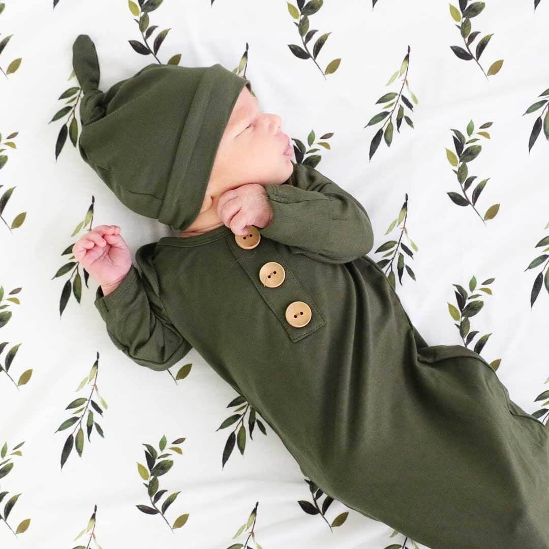Solid Olive Bamboo Baby Knot Gown & Hat: Newborn / 7-14lbs+ - Persnickety Shop