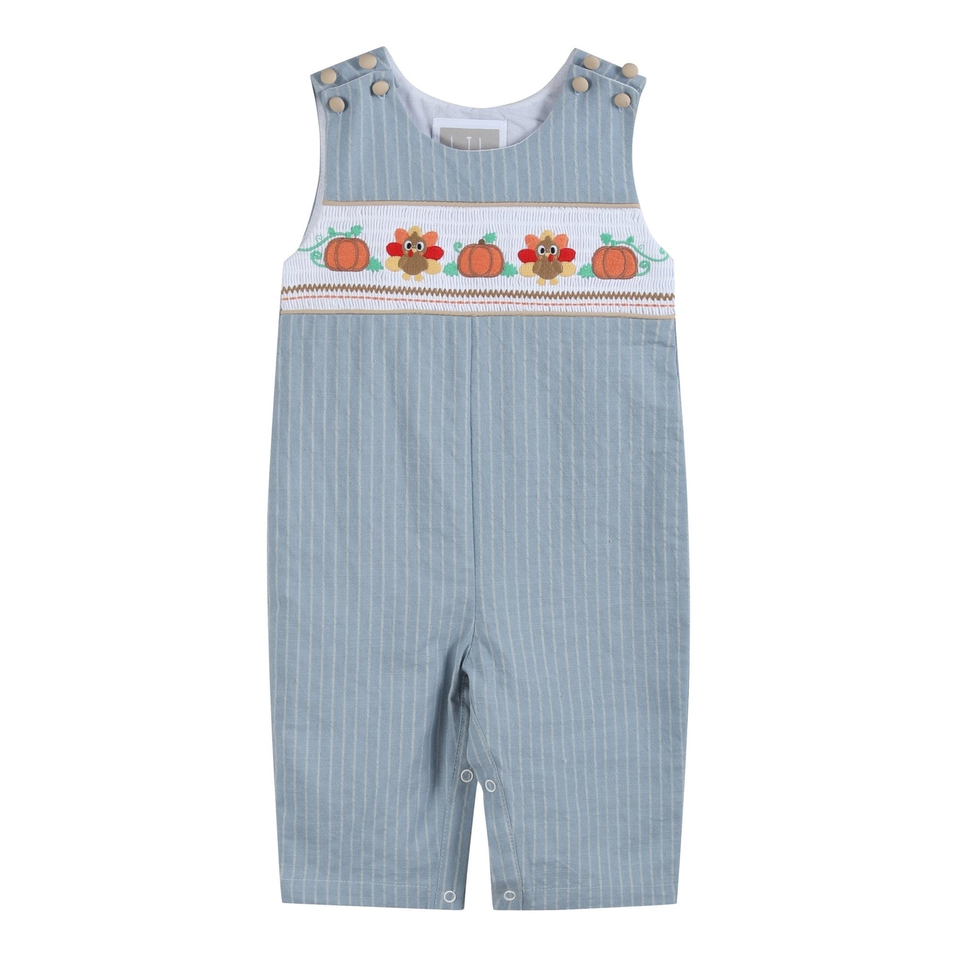 Light Blue Pinstripe Turkey Smocked Overalls - Persnickety Shop